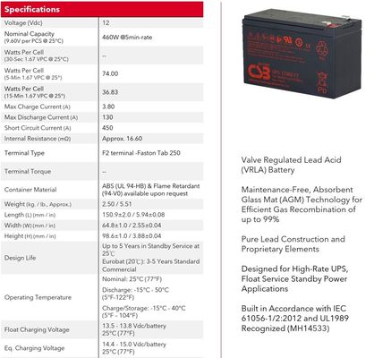CSB Battery UPS12460 12V 460W Maintenance-Free Valve Regulated Lead Acid Battery for UPS Data Center