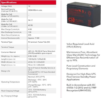 CSB Battery UPS12580 12V 580W High Performance Rechargeable Maintenance-Free VRLA 580W Battery for UPS Data Center