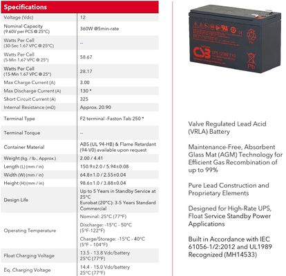 CSB Battery UPS123607 12V 360W 7Ah High Performance Rechargeable Maintenance-Free VRLA 7Ah Battery for UPS Data Center