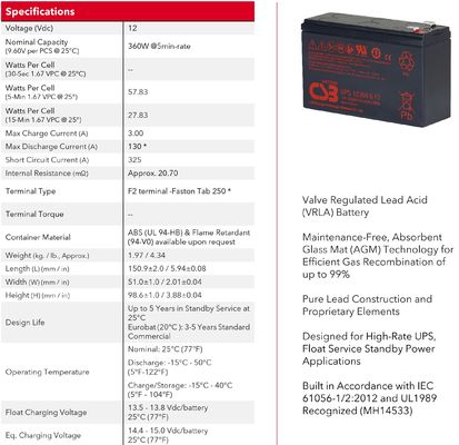 CSB Battery UPS123606 12V 360W Rechargeable Maintenance-Free 7Ah VRLA for UPS Data Center