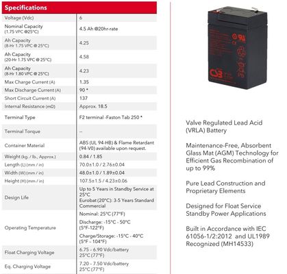 Long-Lasting 6V 4.5Ah Rechargeable Battery for Industrial Applications