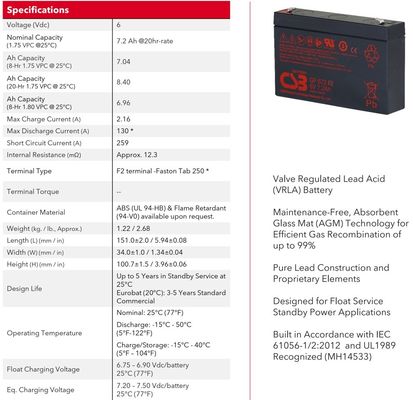 CSB Battery GP672 6V 7.2Ah Rechargeable Maintenance-Free 7.2Ah Lead Acid Battery