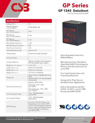 CSB Battery GP1245 12V 4.5Ah Energy Storage Maintenance Free Rechargeable VRLA 12V 4.5Ah CSB Battery