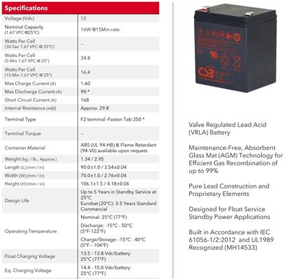 CSB Battery GP1245 12V 16W High Performance Rechargeable Maintenance-Free VRLA 16W Battery