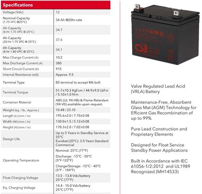 CSB GP12340 12V 34Ah Energy Storage Maintenance Free Rechargeable VRLA CSB Battery