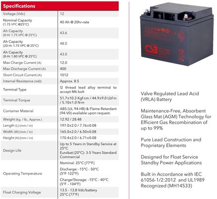 CSB GP12400 12V 40Ah Energy Storage Rechargeable VRLA 12V 40Ah CSB Battery