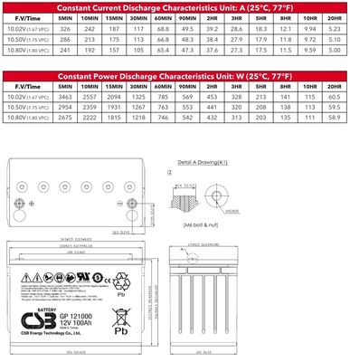 CSB Battery GP121000 12V 100Ah High Performance Rechargeable Maintenance-Free Lead Acid Battery 12V 100Ah