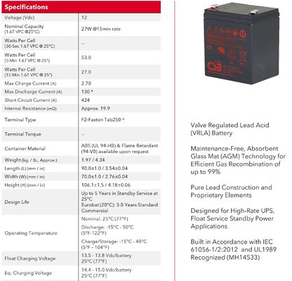 CSB Battery HR1227W 12V 27W Rechargeable Maintenance-Free Lead Acid AGM Battery