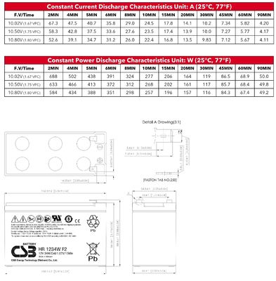 CSB Battery HR1234W 12V 34W 12V 9Ah Rechargeable Maintenance-Free Lead Acid AGM 9Ah Battery
