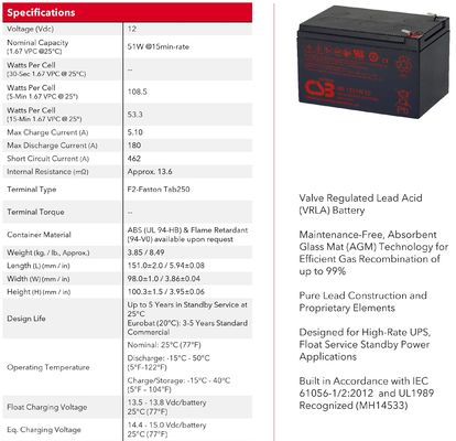 HR1251W 12V CSB Battery 51W 12V 12Ah Rechargeable Maintenance-Free Lead Acid Battery