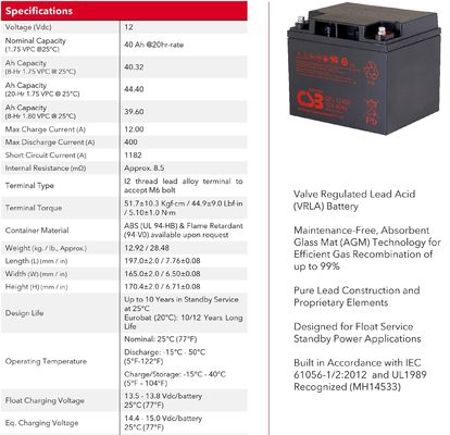 CSB Battery GPL12440 12V 40Ah Rechargeable Maintenance-Free Lead Acid Long Life Battery For UPS