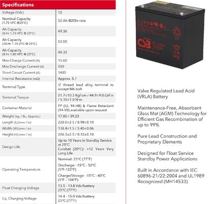 GPL12520 12V 52Ah CSB Battery Sealed Lead Acid Battery Long Life Rechargeable Battery For UPS