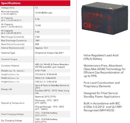 CSB Battery GPL12120 12V 12Ah Sealed Lead Acid Battery for Long Life and UPS Applications