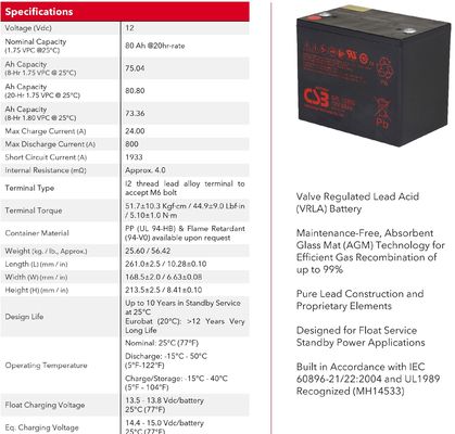 CSB Battery GPL12800 12V 80Ah Long Life Maintenance-Free Rechargeable VRLA Lead Acid Battery For UPS