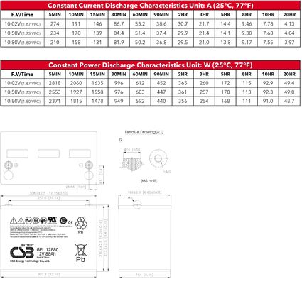 CSB Battery GPL12800 12V 80Ah Long Life Maintenance-Free Rechargeable VRLA Lead Acid Battery For UPS