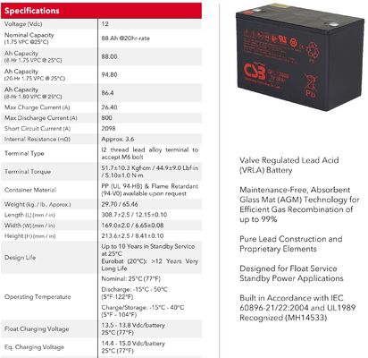 CSB GPL12880 12V 88Ah Maintenance-Free Sealed Lead-Acid Battery Valve-Regulated Lead-Acid Battery For Solar Systems Emergencies