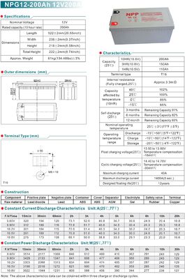 NPP NPG12-200Ah Rechargeable Gel Deep Cycle 12V 200Ah Gel Battery with Button Style Terminals