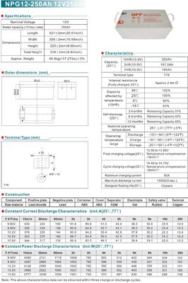 NPP NPG12-250Ah Rechargeable Gel Battery Deep Cycle 12V 250Ah Gel Battery