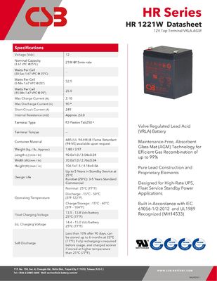 CSB Battery HR1221W 12V 21W High Performance Rechargeable Lead-Acid Dry Batteries for Electric Power