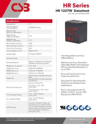 CSB Battery HR1227W 12V 27W Rechargeable Maintenance-Free Lead Acid AGM Battery