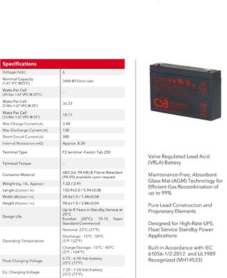 CSB Battery HRL634W 6V 34W High Performance Rechargeable Lead-Acid Dry Batteries for Electric Power