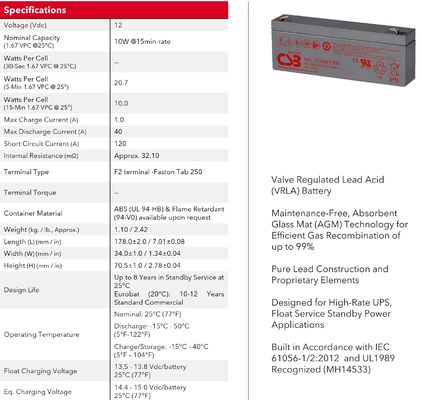 CSB HRL1210W Battery 12V 10W Sealed Lead Acid Battery High Rate Long Life Gel Battery