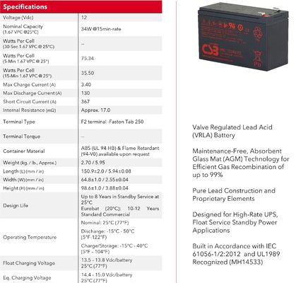 CSB HRL1234W Battery 12V 34W Sealed Lead Acid Battery High Rate Long Life Gel Battery