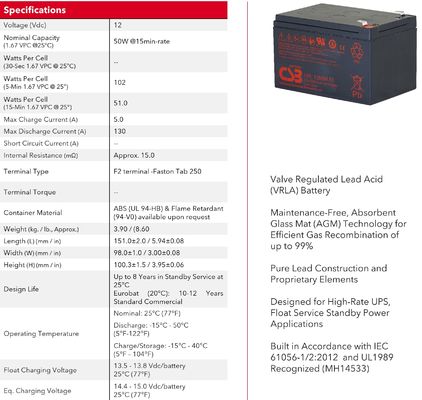 CSB Battery HRL1250W 12V 50W High Performance Rechargeable Lead-Acid Dry Gel Batteries for Electric Power