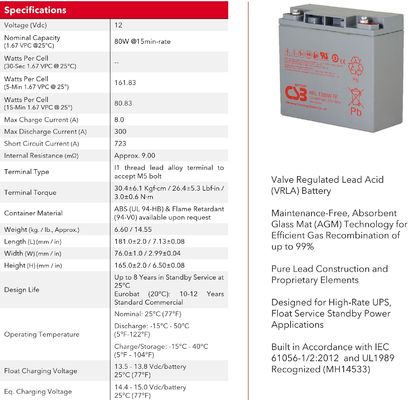 CSB HRL1280W Sealed Lead Acid Battery Extremely High Current 12V 80W Gel Battery