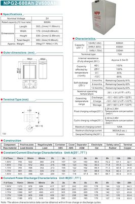 NPP NPG2-600Ah Energy Storage Battery Solar Gel Batter Lead Acid Batteries 2V 600Ah Deep Cycle Gel Battery