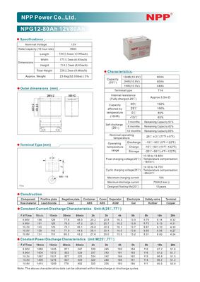 NPP NPG12-80Ah 12V 80Ah Rechargeable Gel Battery for Solar Power System