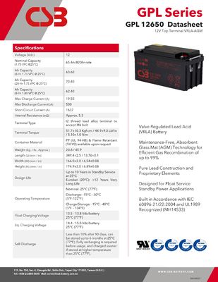 CSB Battery GPL12650 12V 65Ah Sealed Lead Acid Battery Long Life Rechargeable Battery for UPS