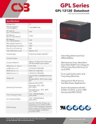 CSB Battery GPL12120 12V 12Ah Sealed Lead Acid Battery Long Life Rechargeable Battery for UPS