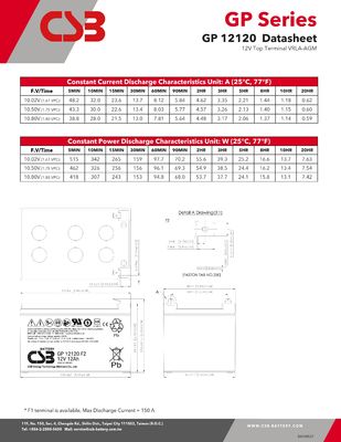 CSB Battery GPL12120 12V 12Ah Sealed Lead Acid Battery Long Life Rechargeable Battery for UPS