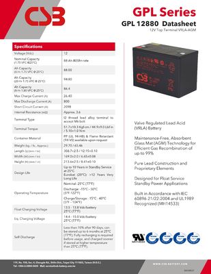 CSB GPL12880 12V 88Ah Maintenance-Free Sealed Lead-Acid Battery Valve-Regulated for Long-Lasting Performance