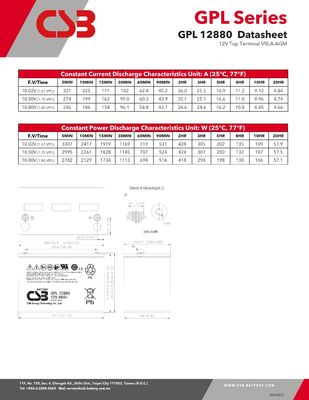 CSB GPL12880 12V 88Ah Maintenance-Free Sealed Lead-Acid Battery Valve-Regulated for Long-Lasting Performance