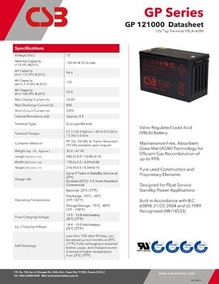 12V 100Ah CSB GPL121000 Maintenance-Free Sealed Lead-Acid Battery for Long-lasting