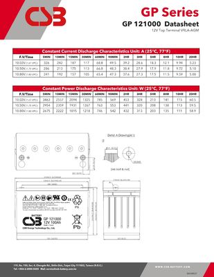 12V 100Ah CSB GPL121000 Maintenance-Free Sealed Lead-Acid Battery for Long-lasting