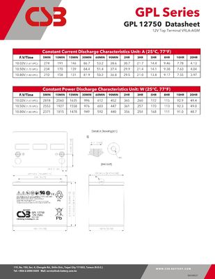 Rechargeable CSB Battery GPL12750 12V 75Ah Sealed Lead Acid Battery Long Life