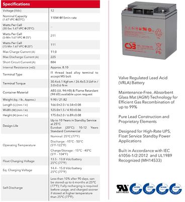 CSB HRL12110W 12V 110W High Rate Long Life Battery Rechargeable Lead-Acid Battery