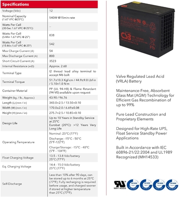 CSB HRL12540W 12V 540W VRLA Battery for UPS Data Center