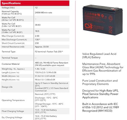 CSB Battery UPS122406 12V 240W Maintenance-Free VRLA Lead Acid 240W Battery for UPS Data Center