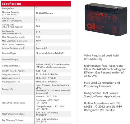 CSB GP6120 6V 12Ah Maintenance-Free Valve Regulated Lead Acid Battery